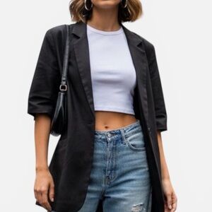 Elizabeth and James Elbow Sleeve Long Black One Button Jacket 4 Minimalist Chic